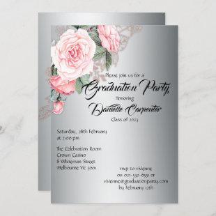 Elegant Silver and Pink Floral Graduation Invitation