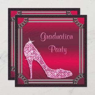 Elegant Silver Framed Hot Pink Stiletto Graduation Invitation