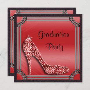 Elegant Silver Framed Red Stiletto Graduation Invitation