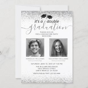 Elegant Silver Glitter Joint Graduation Photo Invitation
