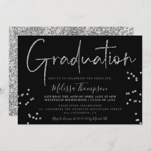 Elegant silver glitter script black graduation invitation