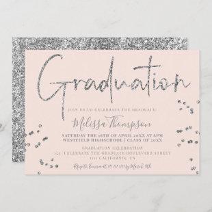 Elegant silver glitter script pink graduation invitation