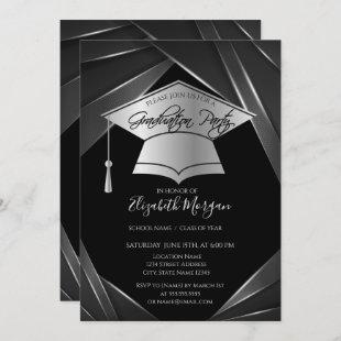Elegant Silver Grad Cap Black Graduation   Invitation