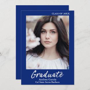 Elegant Simple White Text Blue Graduate Photo Announcement