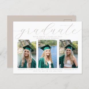 Elegant Taupe Script Minimalist Graduation 3 Photo Invitation Postcard