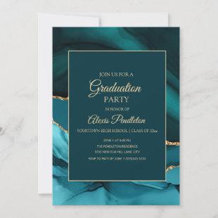 Elegant Teal Gold Marble Agate Graduation Party Invitation