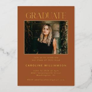 Elegant Terracotta Gold Two Photo Graduation Party Foil Invitation