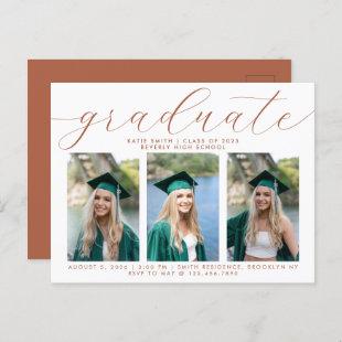 Elegant Terracotta Script Graduation 3 Photo Invitation Postcard