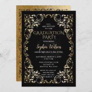 Elegant Vintage Black Gold Graduation Invitation