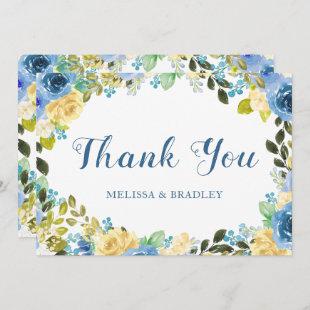 Elegant Watercolor Blue Yellow Rose Garden Wedding Thank You Card