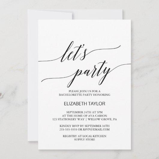 Elegant White and Black Calligraphy Let's Party Invitation