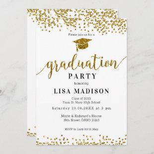 Elegant White and Gold Sparkle Glitter Graduation Invitation