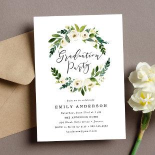 Elegant White Floral Greenery Graduation Party Invitation