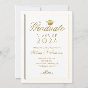 Elegant White Gold Grad Cap College Graduation Announcement