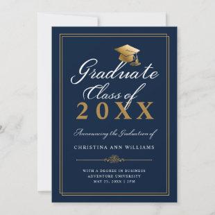 Elegant White Gold Script Blue College Graduation Announcement