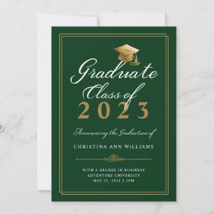 Elegant White Gold Script Green College Graduation Announcement