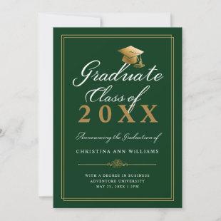 Elegant White Gold Script Green College Graduation Announcement