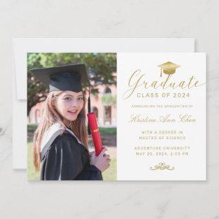 Elegant White Gold Script Photo Graduation Announcement