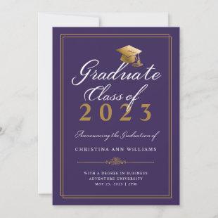 Elegant White Gold Script Purple College Graduate Announcement
