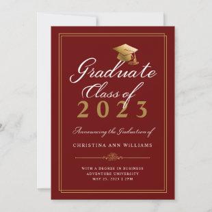 Elegant White Gold Script Red College Graduation Announcement