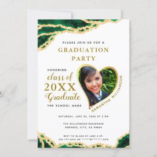 Elegant White Green Gold Agate 2023 Graduation Invitation
