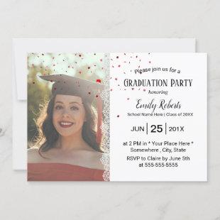 Elegant White Lace Red Confetti Photo Graduation Invitation