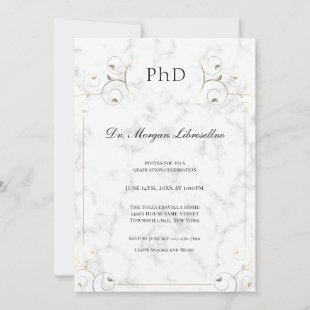 Elegant White Marble Gold PhD Graduation Invitation