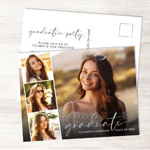 Elegant White Script Photo Strip Graduation Party Invitation Postcard