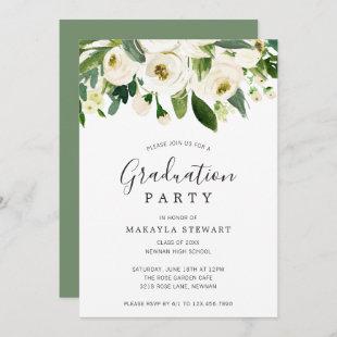 Elegant White Watercolor Floral Graduation Party Invitation