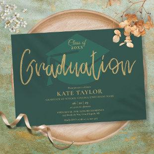 Emerald Green And Gold Script Graduation Party Invitation