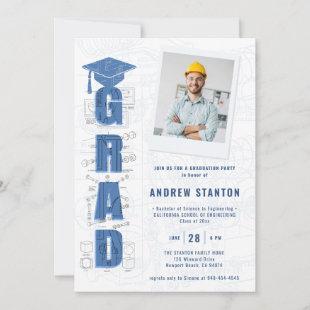 Engineering Graduation Engineer Photo Blue White Invitation