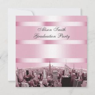 Etched NYC Skyline 2 Black Pink Graduation Invitation