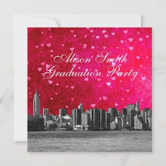 Etched NYC Skyline Hot Pink Red Heart Graduation Invitation
