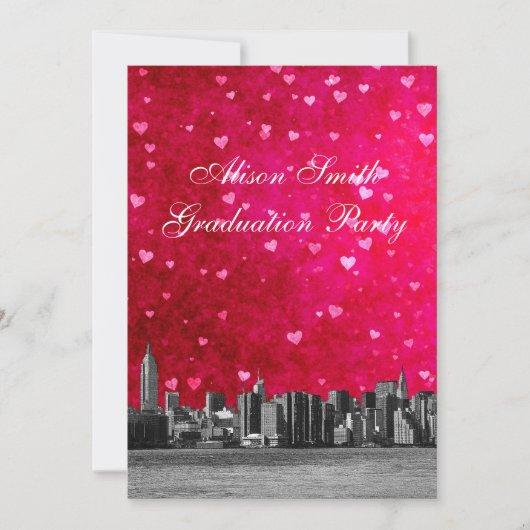 Etched NYC Skyline Hot Pink Red Heart Graduation V Invitation