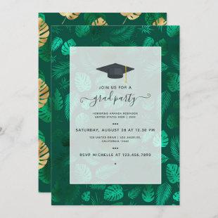 Exotic Tropical Green and Gold Graduation Party Invitation