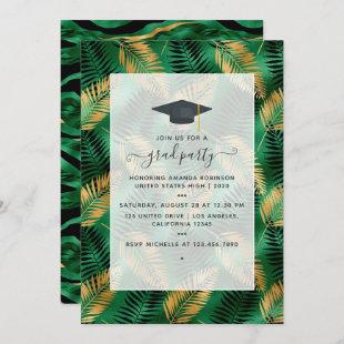 Exotic Tropical Green and Gold Graduation Party Invitation