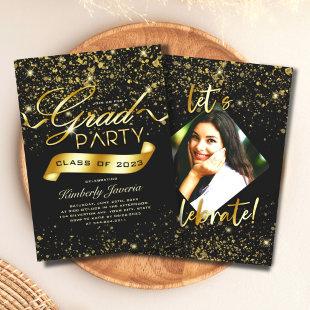 Extravagant Black & Gold Glitter Grad Party    Invitation