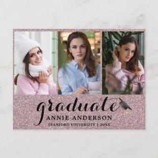 Fancy Pink Glitter 3 Photo Graduation Invitation Postcard