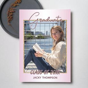 Faux Glossy Pink Gold Glitter Graduation Announcement