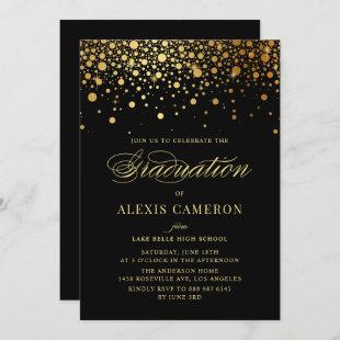 Faux Gold Confetti Dots Black Graduation Invitation