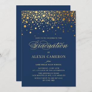 Faux Gold Confetti Dots Navy Blue Graduation Invitation