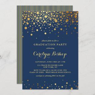 Faux Gold Confetti Navy Blue Graduation Invitation