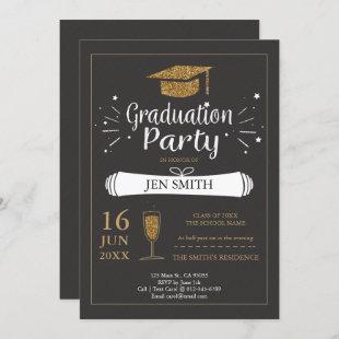 Faux Gold Glitter Cap Graduation Party Invitation