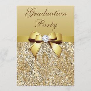 Faux Gold Sequins and Bow Girls Graduation Party Invitation