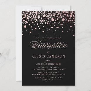 Faux Rose Gold Confetti Dots Black Graduation Invitation