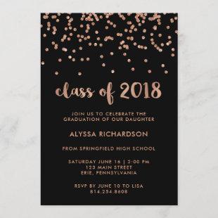 Faux Rose Gold Confetti Graduation Party | Black Invitation