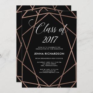 Faux Rose Gold Geometric on Black Graduation Party Invitation