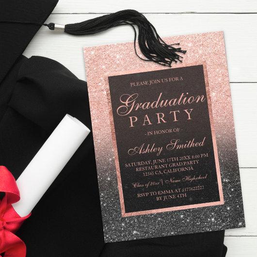 Faux rose gold glitter black Graduation party Invitation