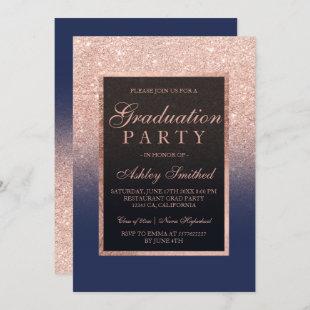 Faux rose gold glitter navy blue Graduation party Invitation