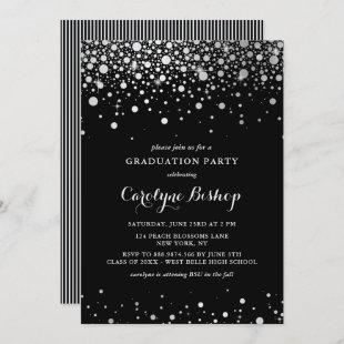 Faux Silver Confetti Black Graduation Invitation